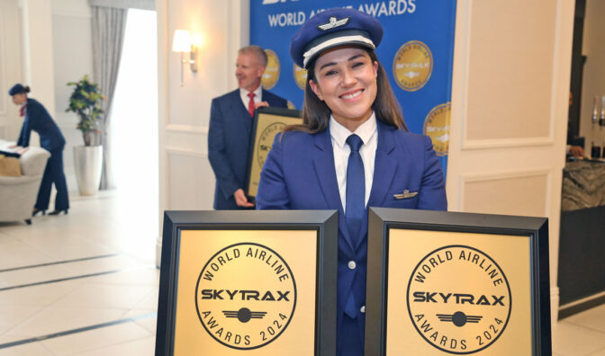 LATAM Airlines captain displaying their success at the 2024 world airline awards
