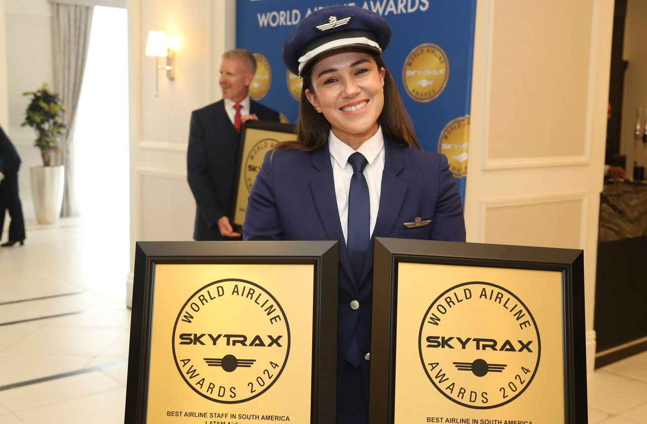 LATAM Airlines captain displaying their success at the 2024 world airline awards