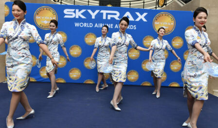 Hainan airlines cabin crew entertain guests with a pre-awards dance performance